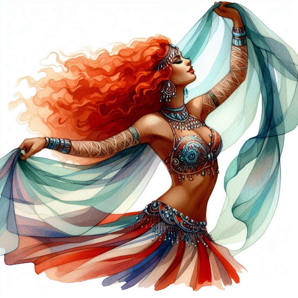 A red-haired belly dancer dances with a green veil