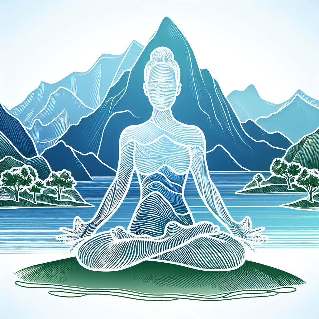 a figure sits in full lotus position in front of a tranquil mountain