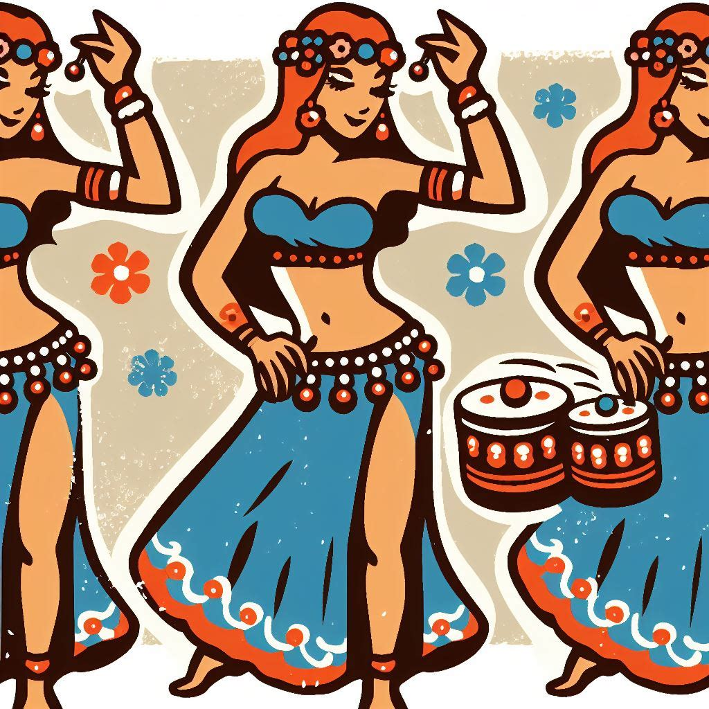 cartoon belly dancers play percussion instruments - zills, sagat, finger cymbals