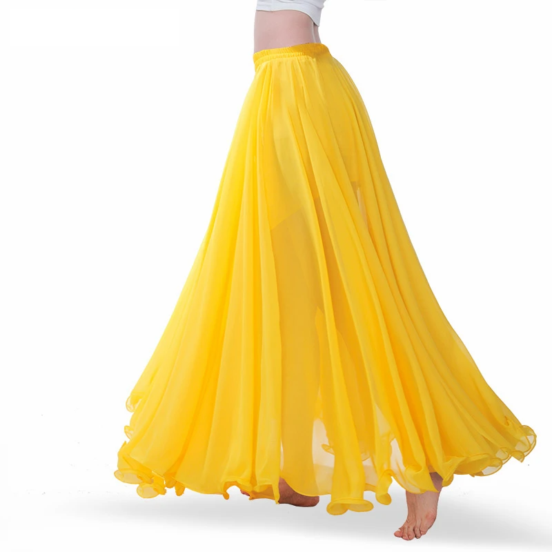 Professional Chiffon Full Wired-Edge Belly Dance Skirt Yellow One Size Raqs Skirt