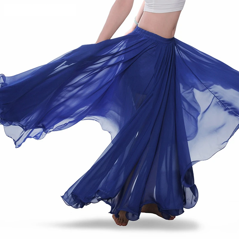 Professional Chiffon Full Wired-Edge Belly Dance Skirt Blue One Size Raqs Skirt