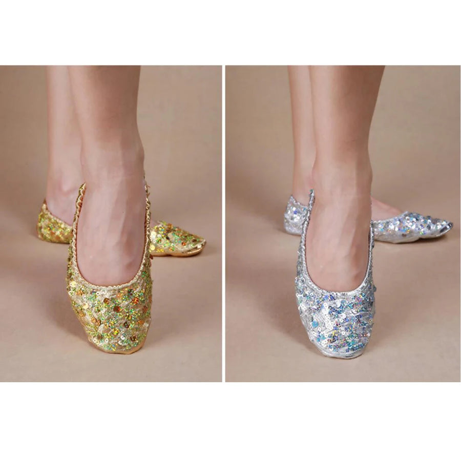 Gold and Silver Sequin Ballet Belly Dance Slippers with Soft Split-Sole Footwear Raqs Shoes