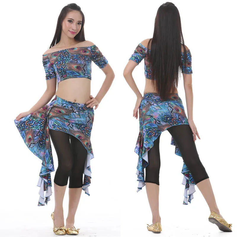 Dance Classwear Peacock Pattern 3-piece Set Top Skirt Pants Classwear Costume Set Raqs