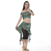 Dance Classwear Peacock Pattern 3-piece Set Top Skirt Pants Green One Size Classwear Costume Set Raqs