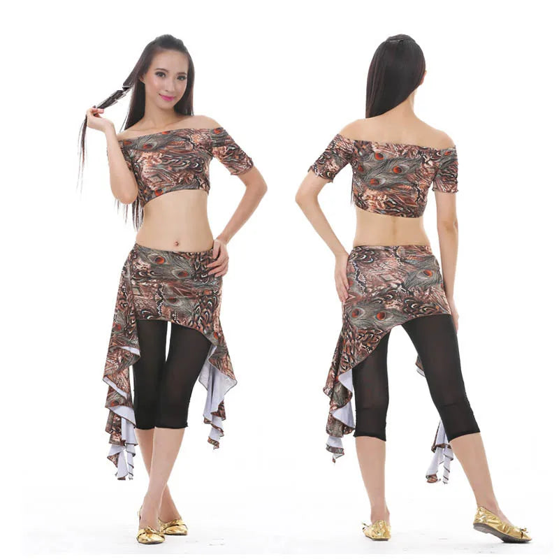 Dance Classwear Peacock Pattern 3-piece Set Top Skirt Pants Classwear Costume Set Raqs