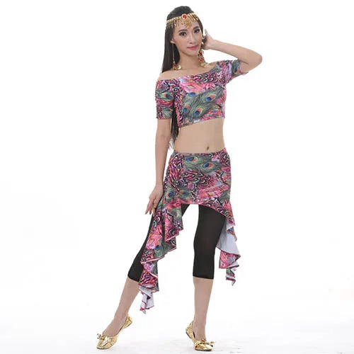 Dance Classwear Peacock Pattern 3-piece Set Top Skirt Pants Rose One Size Classwear Costume Set Raqs