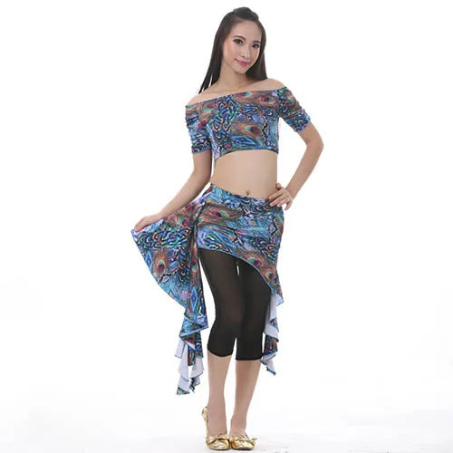 Dance Classwear Peacock Pattern 3-piece Set Top Skirt Pants Blue One Size Classwear Costume Set Raqs