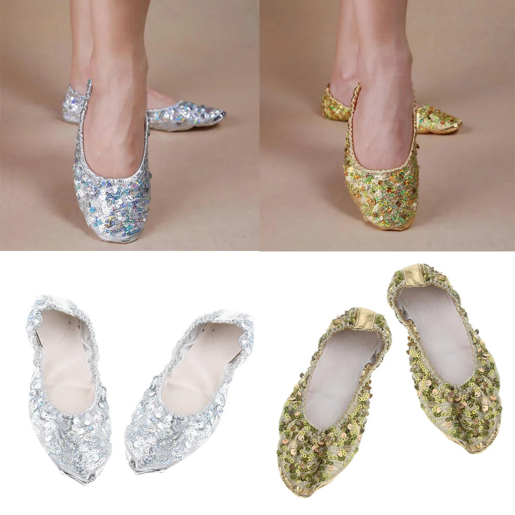 Gold and Silver Sequin Ballet Belly Dance Slippers with Soft Split-Sole Footwear Raqs Shoes