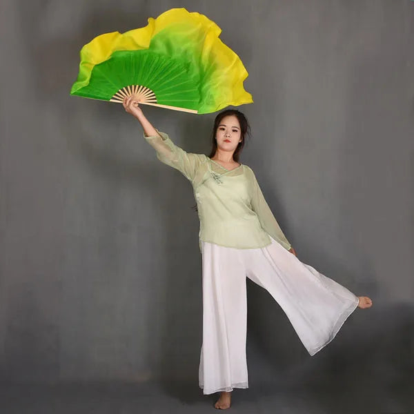 Large Silk Flutter Fan Veils 36cm fan, 50cm veil -1 Pair R & L green yellow 36cm-50cm 1 Pair R L Dance Props Fan Fan Veil Silk