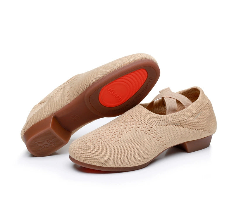 Strap-fit Soft Knit Jazz/Modern Practice Yoga Cheerleading Dance Shoes Camel - Full Outsole Shoes