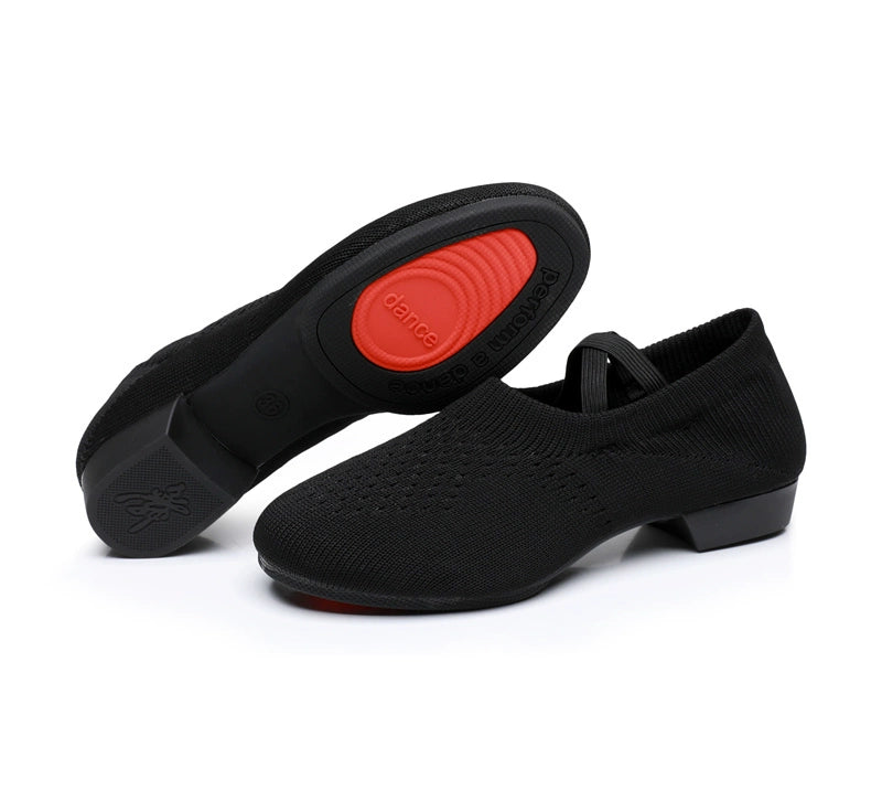 Strap-fit Soft Knit Jazz/Modern Practice Yoga Cheerleading Dance Shoes Black - Full Outsole Shoes