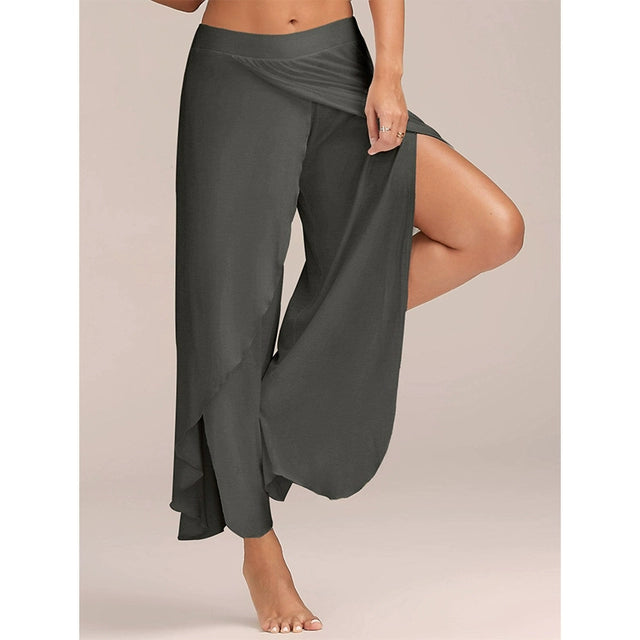 Flowy Solid Color High Waist Slit Yoga Dance Pants Dark Grey(1) Lifestyle Pants Plus-sizes Available Raqs Yoga