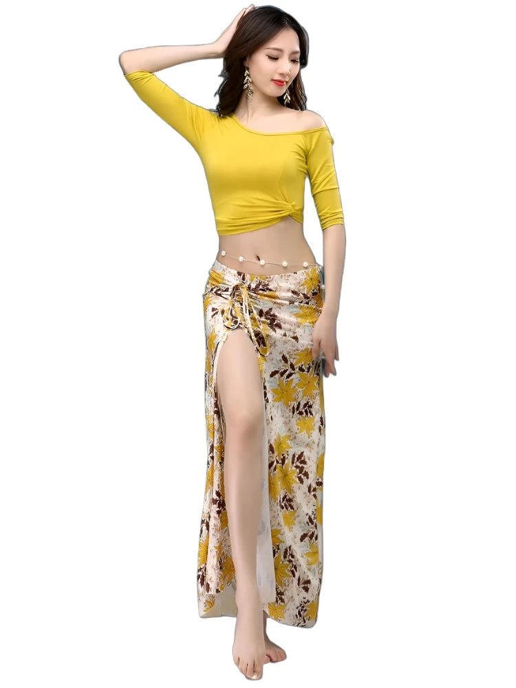 Colorful Dance Classwear/Performance Skirt and Top Sets - Many Colors! Yellow Top & Yellow Floral Skirt Costume Set Raqs Troupe Costume