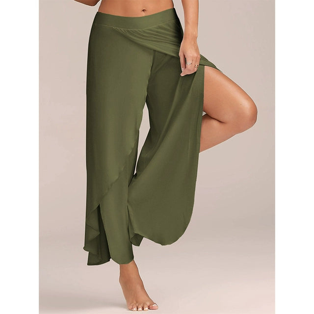 Flowy Solid Color High Waist Slit Yoga Dance Pants Army Green(1) Lifestyle Pants Plus-sizes Available Raqs Yoga