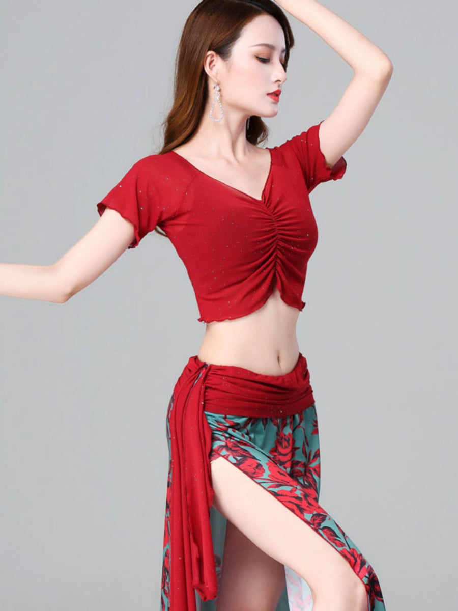 Stretch Short Sleeve Belly Dancewear Set - Top +Skirt Raqs Troupe Costume