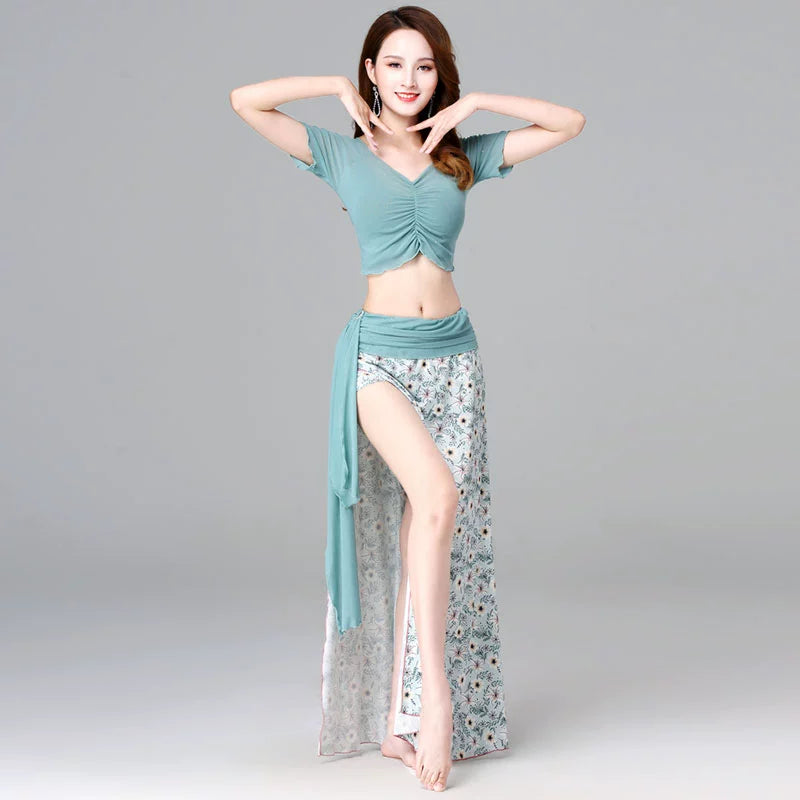 Stretch Short Sleeve Belly Dancewear Set - Top +Skirt Cyan(Top + skirt) Raqs Troupe Costume