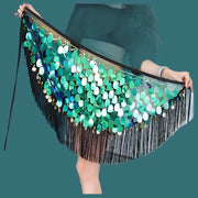 Mermaid Shimmer Big Sequin Hip Scarf with Tassel Fringe Green Hip Scarf Raqs