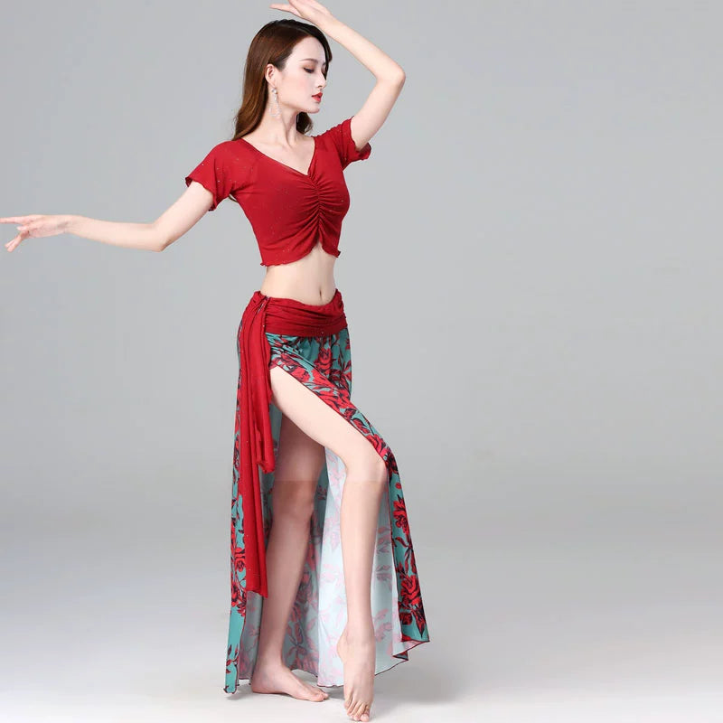 Stretch Short Sleeve Belly Dancewear Set - Top +Skirt Red(Top + skirt) Raqs Troupe Costume