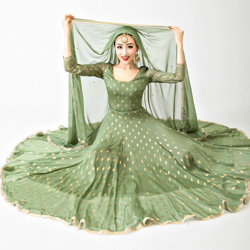 Indian Boutique Rectangular Dance Chiffon Veil Bollywood Dupatta Shawl Scarf Green diamond dot gold edge (80CM-200CM) Bollywood Dance Props Raqs Veil Veils