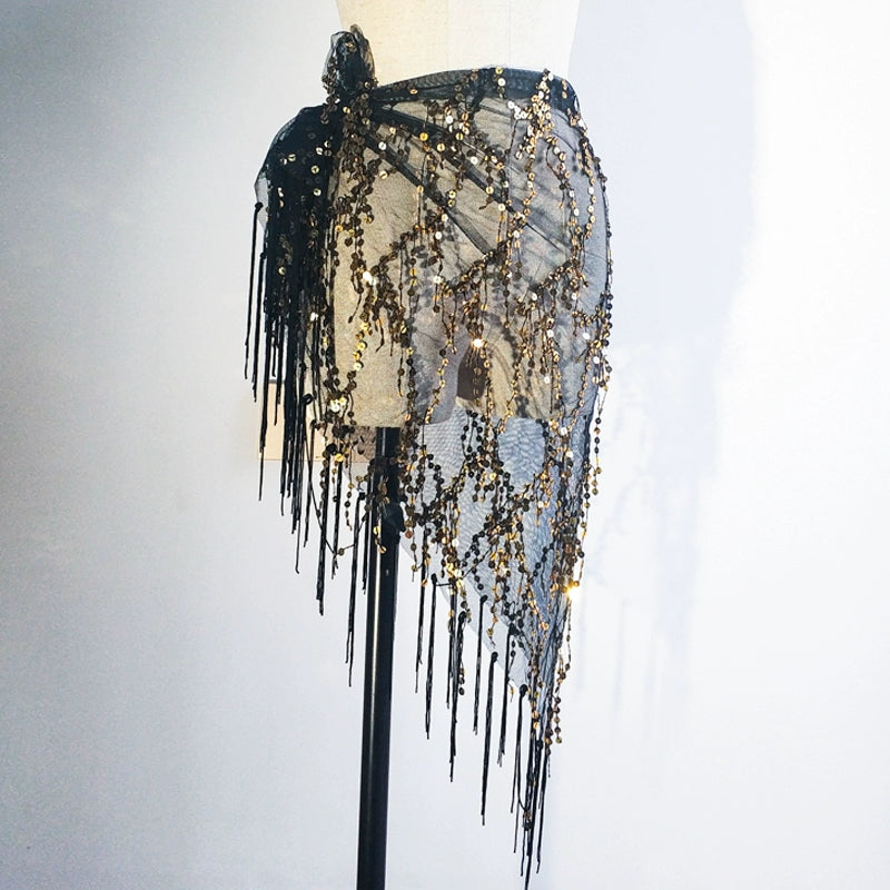 Essential Black Hip Scarf with Tassels and Sequins Black & Gold One-size Hip Scarf Raqs