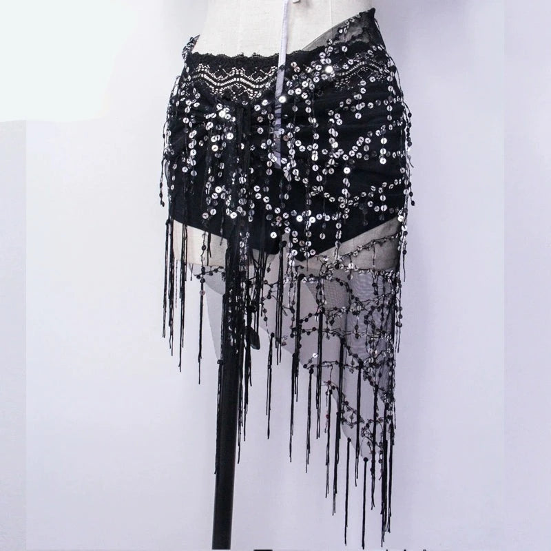 Essential Black Hip Scarf with Tassels and Sequins Black & Silver One-size Hip Scarf Raqs