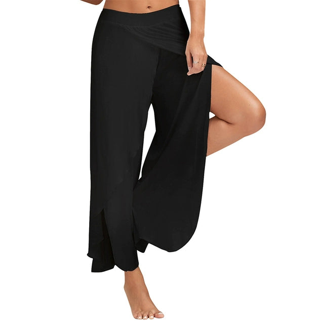 Flowy Solid Color High Waist Slit Yoga Dance Pants Black(1) Lifestyle Pants Plus-sizes Available Raqs Yoga