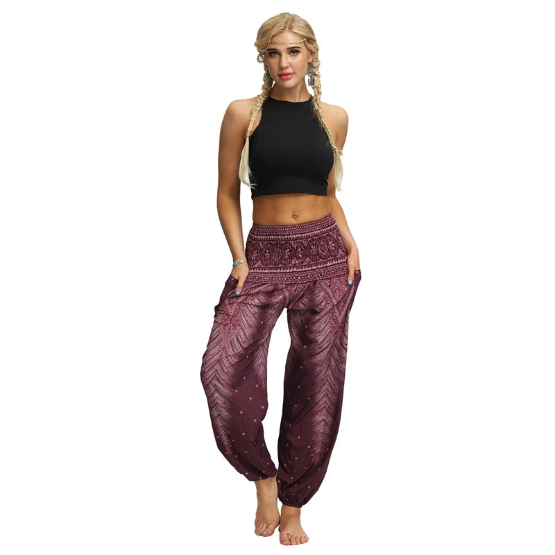 Boho High-Waist Yoga Harem Pants Purple One Size Activewear Festival Pants Yoga