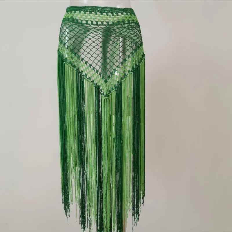 Multi-colored Hand Crocheted Long Tasseled Hip Scarf Shades of Green Hip Scarf Raqs