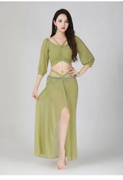 Romantic Feminine Sparkle Belly Dance Costume Set Green Belly Dancing Raqs Troupe Costume