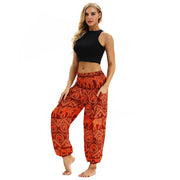 Boho High-Waist Yoga Harem Pants Red Orange Elephant One Size Activewear Festival Pants Yoga