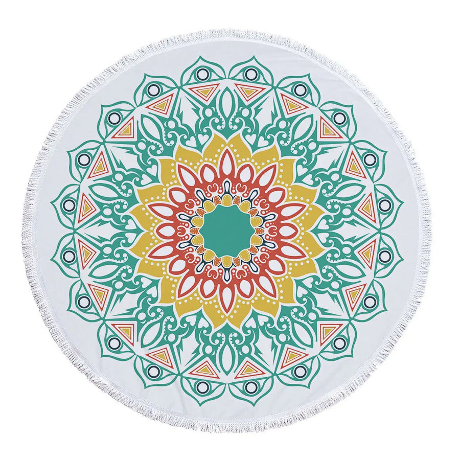 Mandala Round Microfiber Beach Towel with Tassel - 5'/150 cm Green Yellow White 5' Round Festival Lifestyle