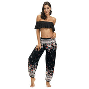 Boho High-Waist Yoga Harem Pants Black Floral One Size Activewear Festival Pants Yoga