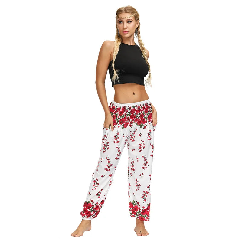 Boho High-Waist Yoga Harem Pants White Red Floral One Size Activewear Festival Pants Yoga