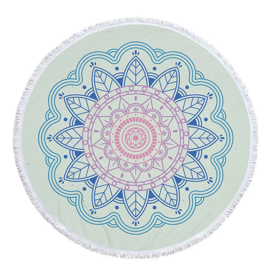 Mandala Round Microfiber Beach Towel with Tassel - 5'/150 cm Pink Blue Mint 5' Round Festival Lifestyle