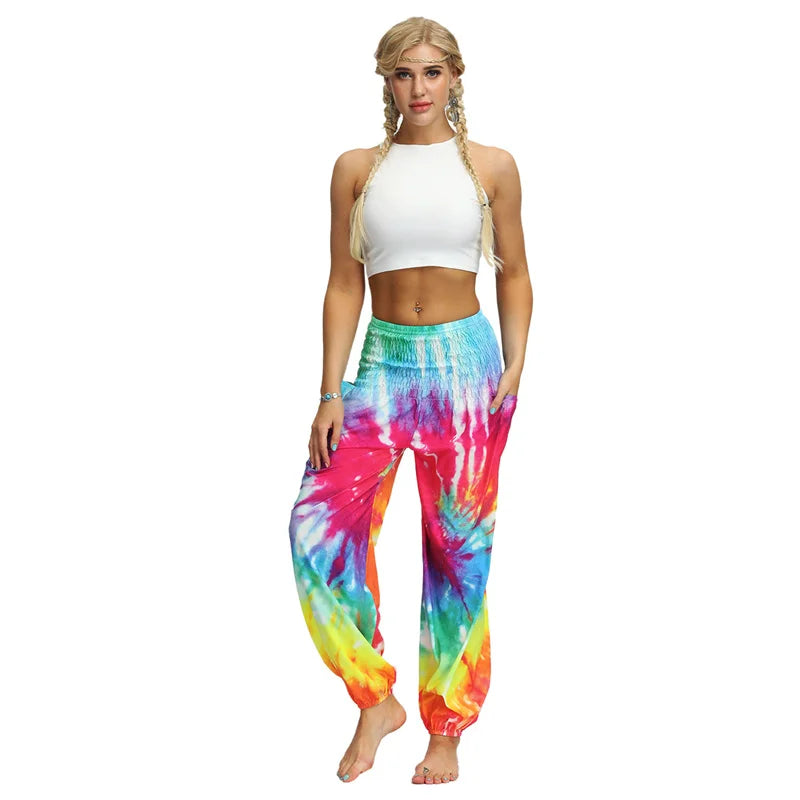 Boho High-Waist Yoga Harem Pants Red Blue Green Tie-Dye One Size Activewear Festival Pants Yoga