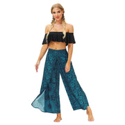 Split Wide Leg Boho Palazzo Pants Teal Black Floral Festival Lifestyle New Pants Yoga