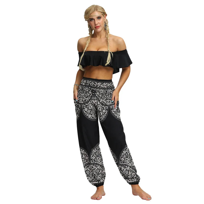 Boho High-Waist Yoga Harem Pants Black White Mandala One Size Activewear Festival Pants Yoga