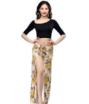 Colorful Dance Classwear/Performance Skirt and Top Sets - Many Colors! Black Top & Yellow Floral Skirt Costume Set Raqs Troupe Costume