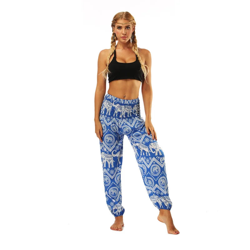 Boho High-Waist Yoga Harem Pants Blue White Elephant One Size Activewear Festival Pants Yoga