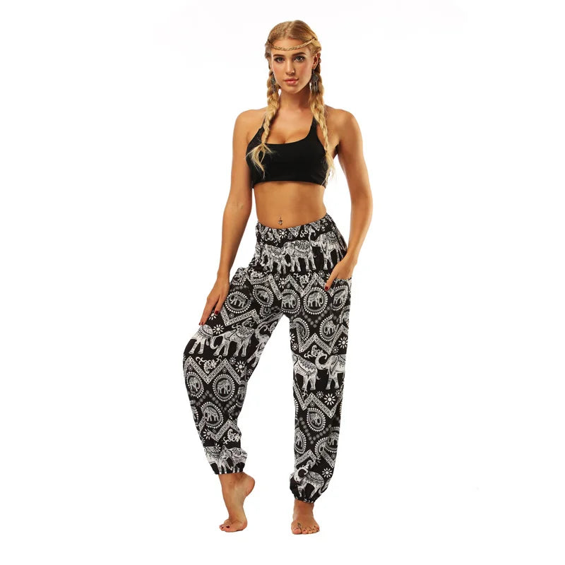 Boho High-Waist Yoga Harem Pants Black White Elephant One Size Activewear Festival Pants Yoga