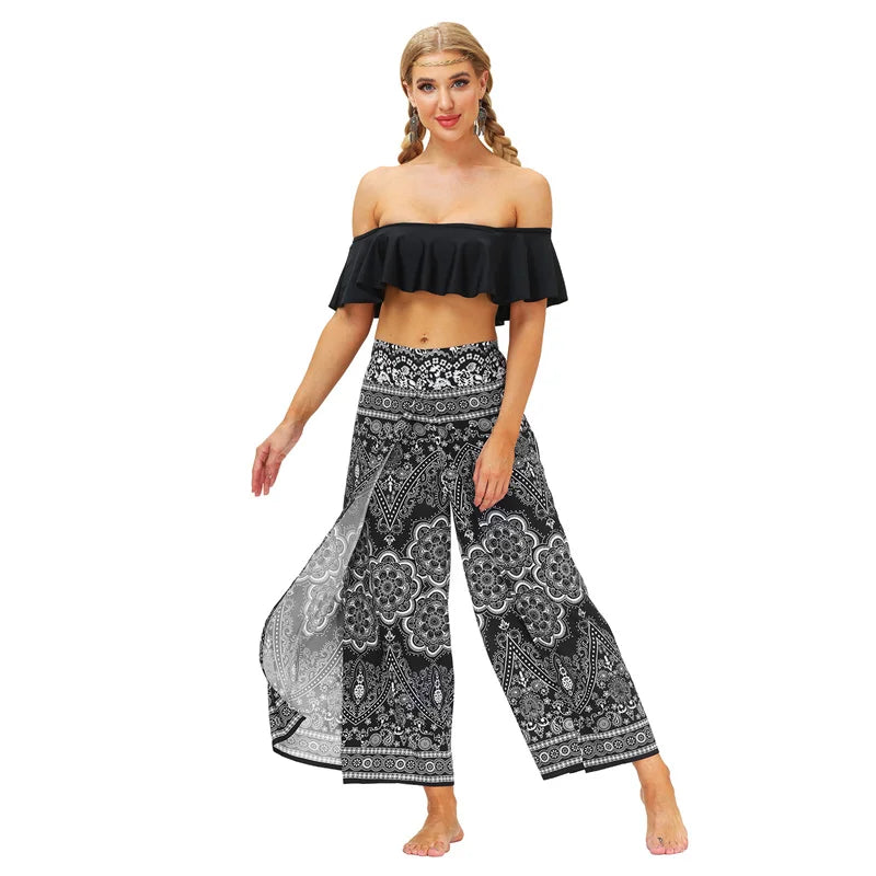 Split Wide Leg Boho Palazzo Pants Black White Mandala 2 Festival Lifestyle New Pants Yoga