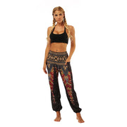 Boho High-Waist Yoga Harem Pants Black Red Feather 2 One Size Activewear Festival Pants Yoga