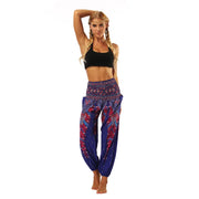 Boho High-Waist Yoga Harem Pants Navy Red Feather One Size Activewear Festival Pants Yoga