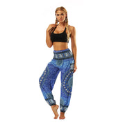 Boho High-Waist Yoga Harem Pants Blue Mandala One Size Activewear Festival Pants Yoga