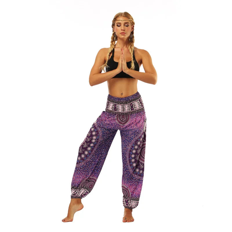 Boho High-Waist Yoga Harem Pants Purple Mandala One Size Activewear Festival Pants Yoga