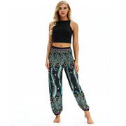 Boho High-Waist Yoga Harem Pants Black Blue Cosmic Feather One Size Activewear Festival Pants Yoga