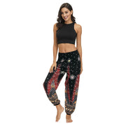 Boho High-Waist Yoga Harem Pants Black Red Feather One Size Activewear Festival Pants Yoga