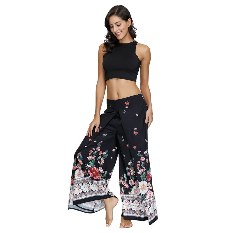 Split Wide Leg Boho Palazzo Pants Black Floral Multi Festival Lifestyle New Pants Yoga