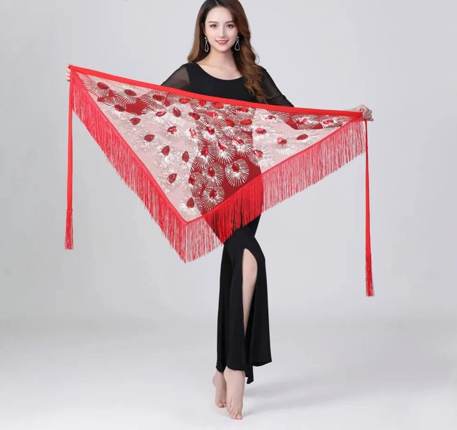 Sheer Triangle Tassel Hip Scarf Red 1 One Size Belly Dancing Hip Scarf Raqs