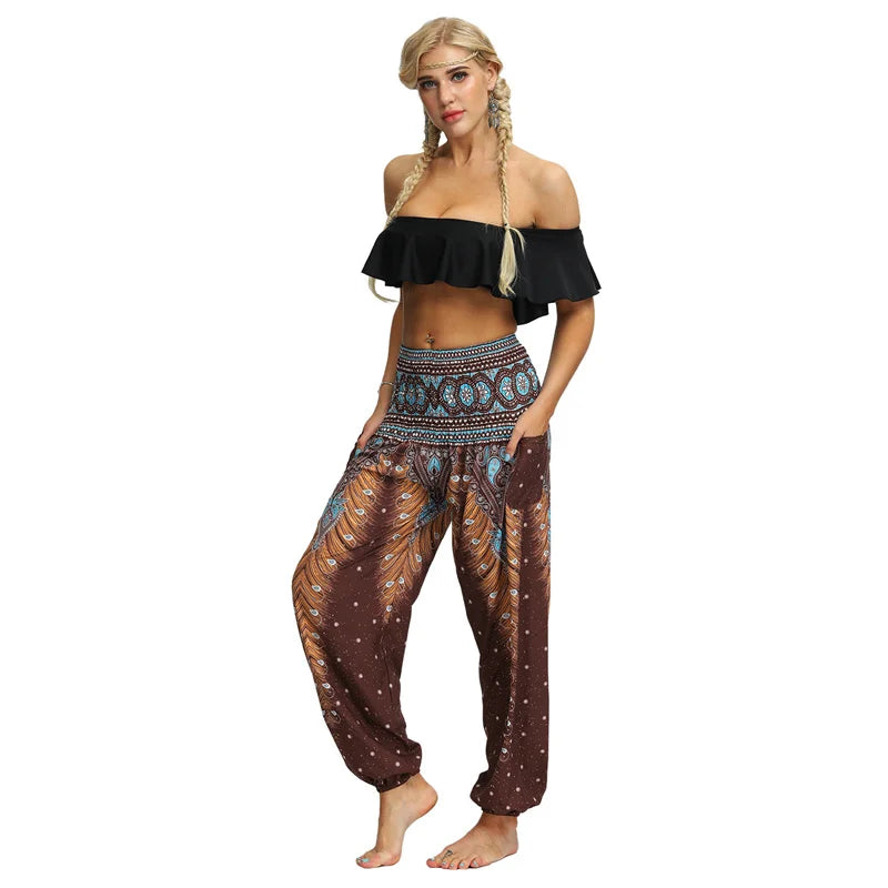 Boho High-Waist Yoga Harem Pants Tan Brown Feather One Size Activewear Festival Pants Yoga